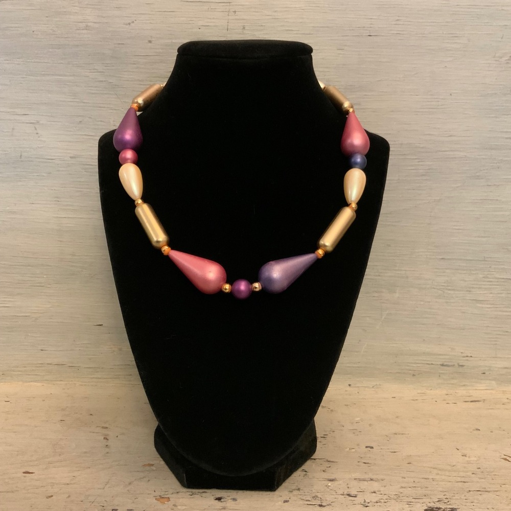 Chunky Multicolor Metallic Retro Style Beaded Statement Necklace 18" GC